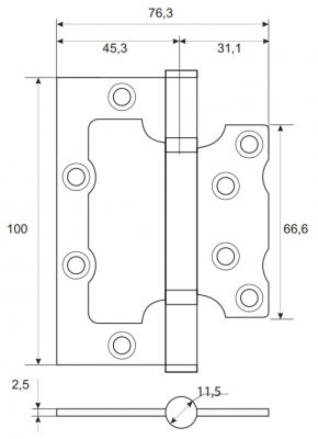 Петля накладная ("бабочка") Apecs 100*75*2,5-B2-Steel-NIS матовый никель